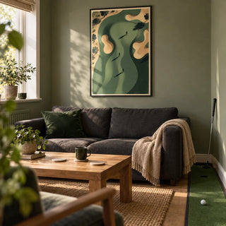 Golf Silhouette Wall Art, framed on the wall of a compact golf enthusiast's snug in a UK semi-detached home with muted sage walls and oak floorboards in a living room