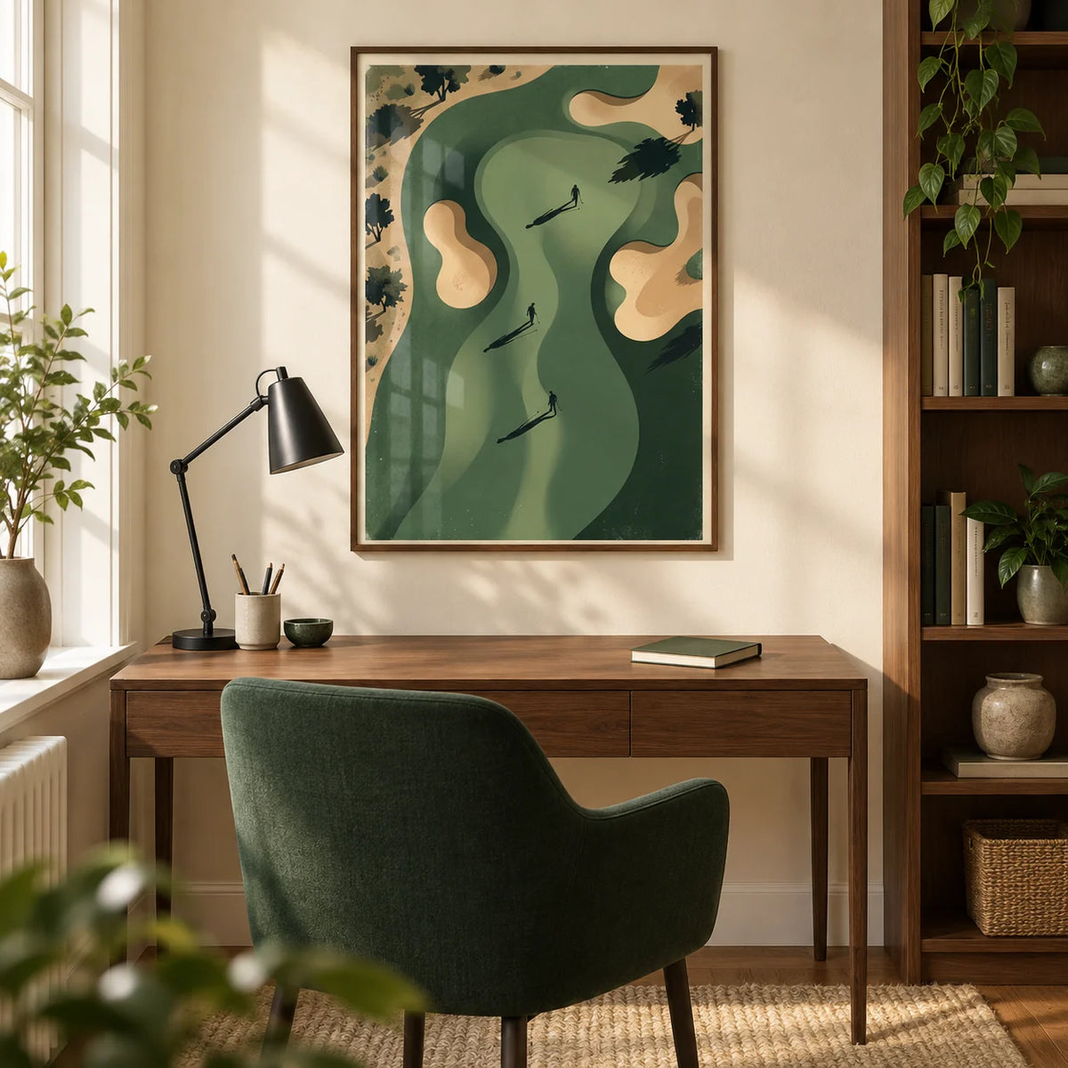 Golf Silhouette Wall Art, framed on the wall of a modern home study in a UK terraced house with a warm cream wall and walnut shelving