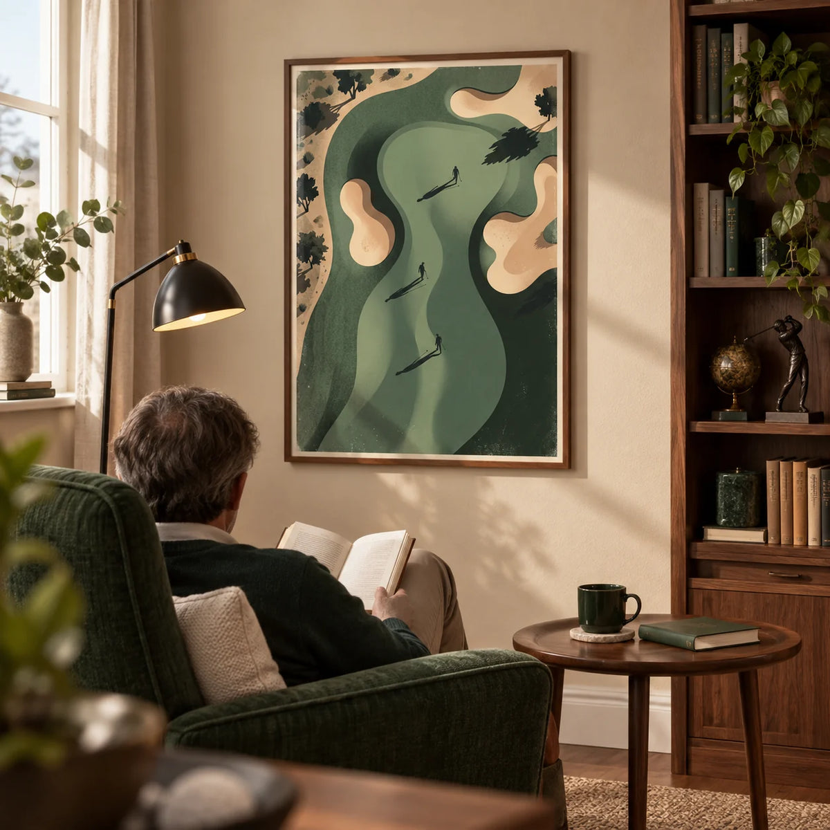 Golf Silhouette Wall Art, framed on the wall of a quiet reading corner in a mature golf enthusiast's UK flat with a sandy beige wall and a walnut bookcase in a living room