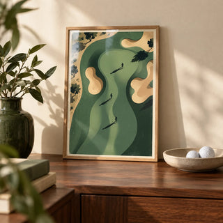 Golf Silhouette Wall Art, a small A4 framed print leaning on a walnut sideboard in a living room