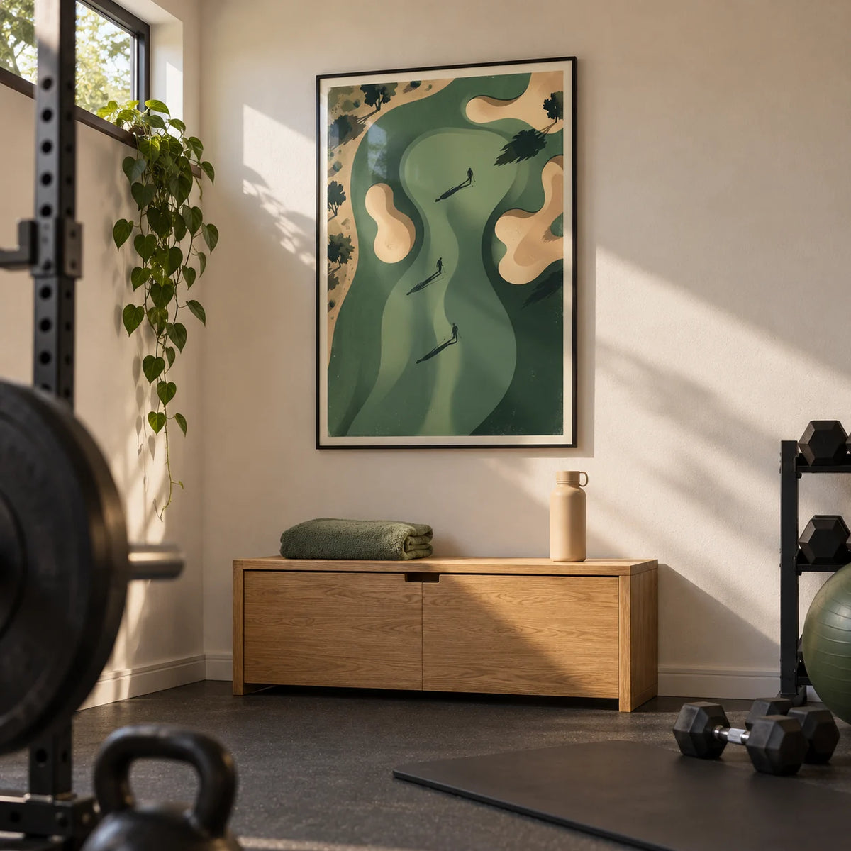 Golf Silhouette Wall Art, framed on the wall of a tidy garage-conversion home gym in a UK house with a warm white plaster wall and plain charcoal rubber flooring