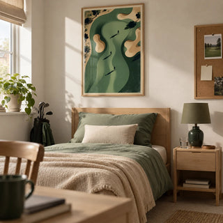 Golf Silhouette Wall Art, framed on the wall of a young adult golf lover's single bedroom (18-25) in a UK family home with an off-white wall and pale oak furniture