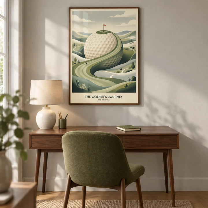 Golfing Landscape Poster, framed on the wall of a warm contemporary home study in a UK semi-detached house with a pale grey wall and oak floor