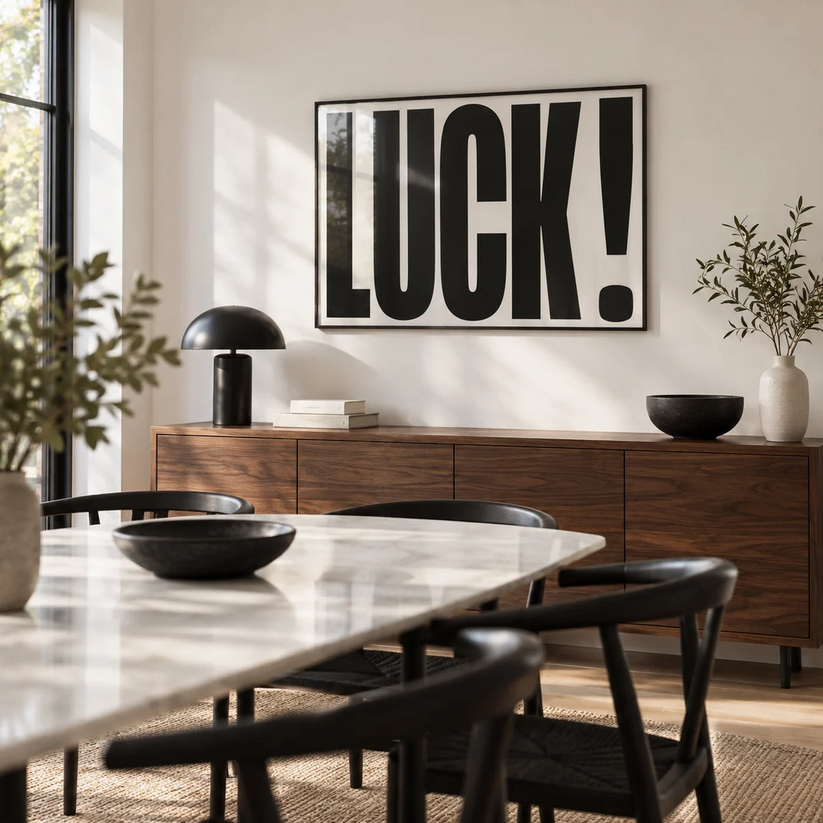 Good Luck Print, framed on the wall of a modern dining room with a white wall