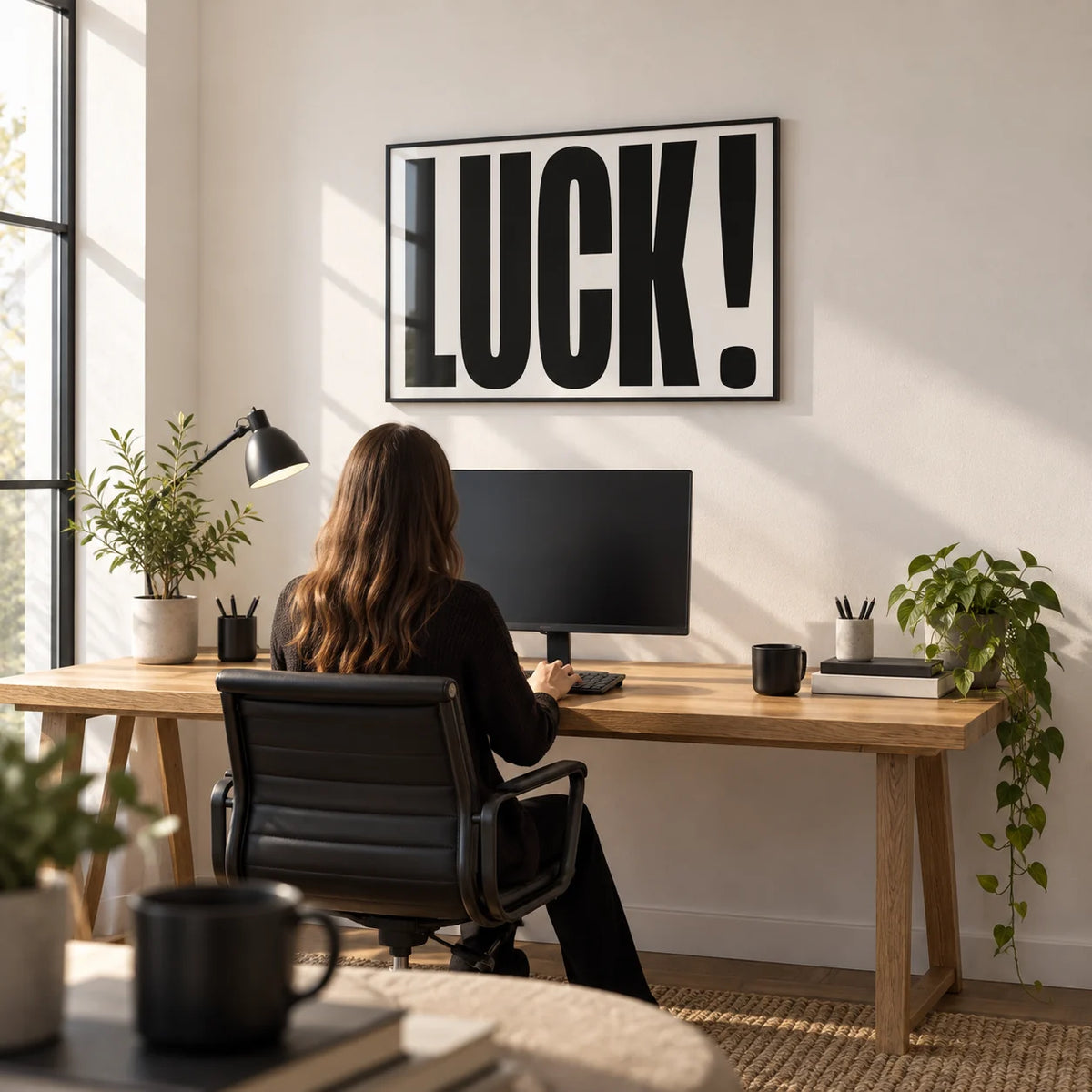 Good Luck Print, framed on the wall of a new-job home office with a white wall