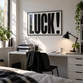 Good Luck Print, framed on the wall of an uni room (18-21) with a white wall in a bedroom