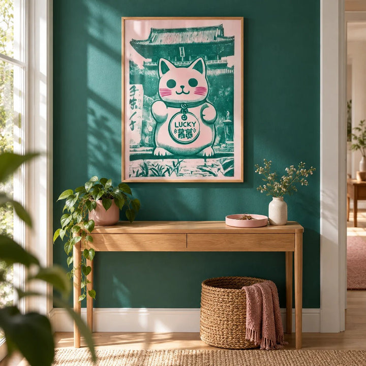 Good Luck Presents, framed on the wall of a bright hallway with a teal green painted wall