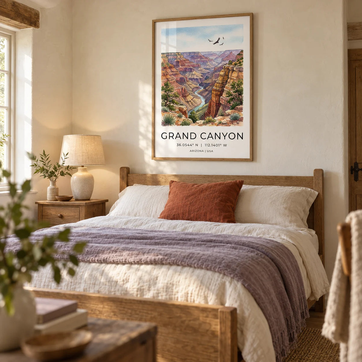 Grand Canyon Art Print, framed on the wall of a calm main bedroom in a UK cottage with softly limewashed cream walls and warm timber furniture