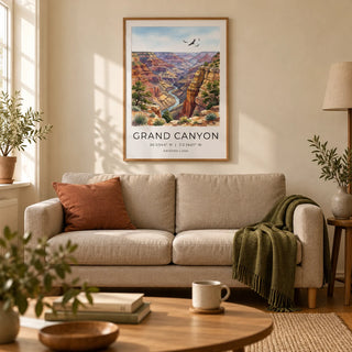 Grand Canyon Art Print, framed on the wall of a relaxed living room in a UK terraced home with warm ivory plaster walls and honey-toned floorboards