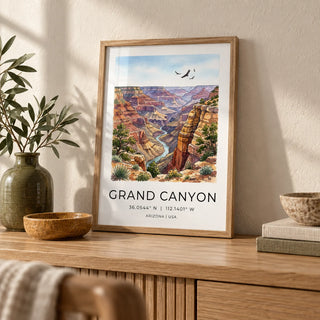 Grand Canyon Art Print, a small A4 framed print leaning on a pale oak side table in a hallway