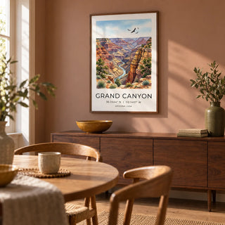 Grand Canyon Art Print, framed on the wall of a warm dining room in a renovated UK semi with a muted clay wall and simple oak flooring