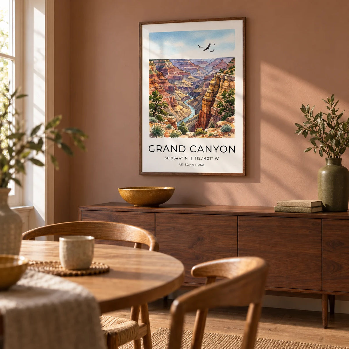Grand Canyon Art Print, framed on the wall of a warm dining room in a renovated UK semi with a muted clay wall and simple oak flooring