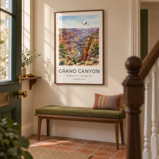 Grand Canyon Art Print, framed on the wall of a welcoming hallway in a UK Victorian terrace with pale stone walls and terracotta floor tiles