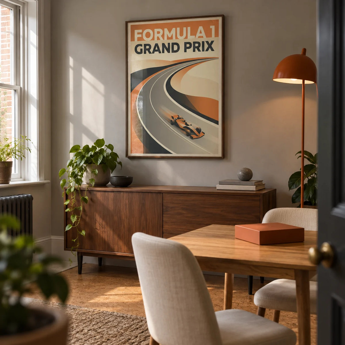 Grand Prix Art Print, framed on the wall of a compact adult games room in a UK terraced house