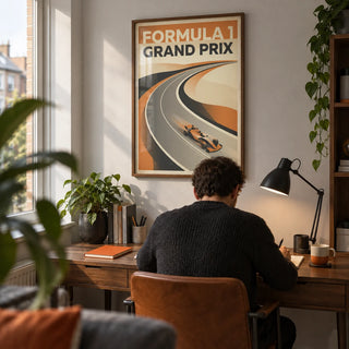 Grand Prix Art Print, framed on the wall of a compact home study in a young adult’s UK flat (25-35)