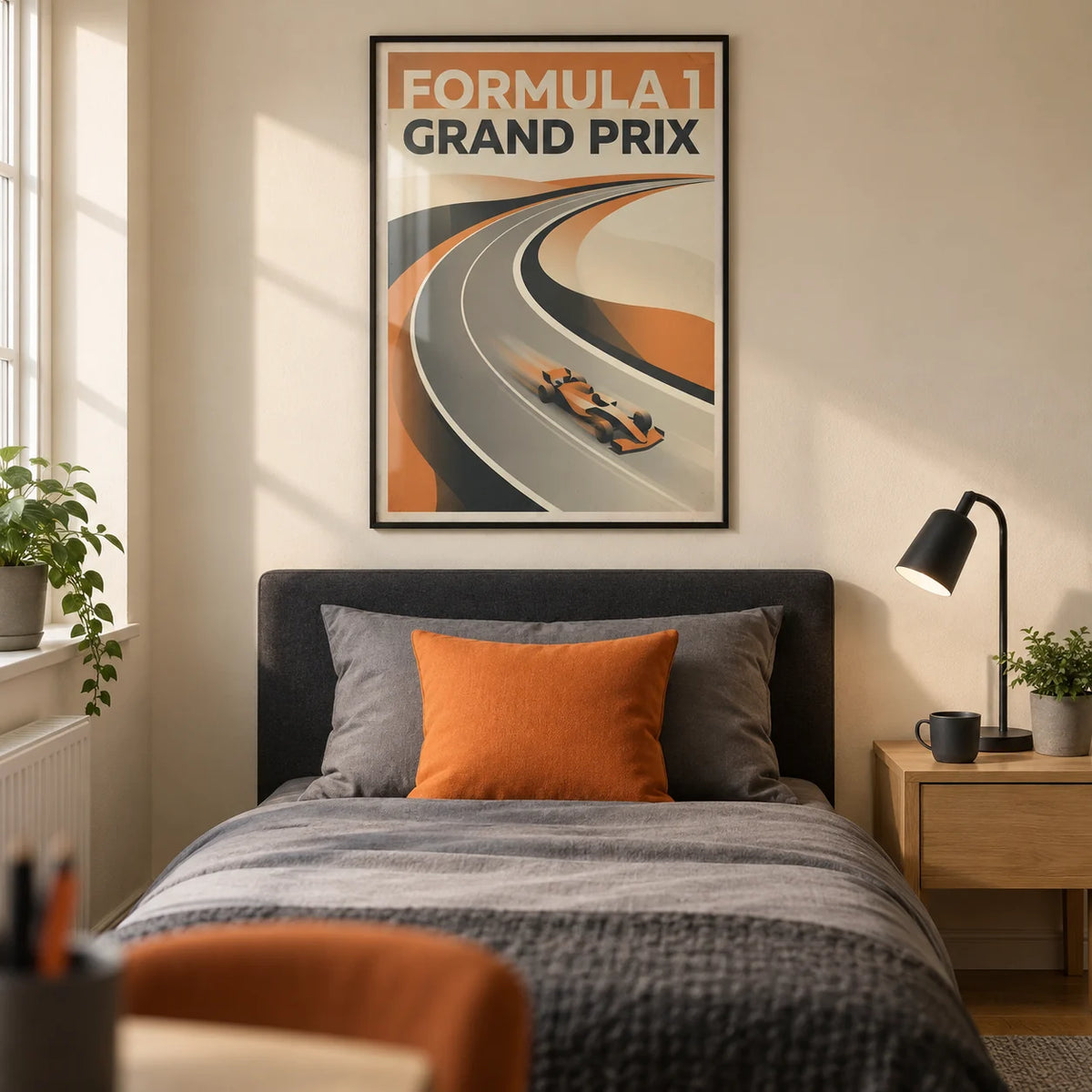 Grand Prix Art Print, framed on the wall of a modern teenage motorsport fan’s single bedroom (13-17) in a UK family home