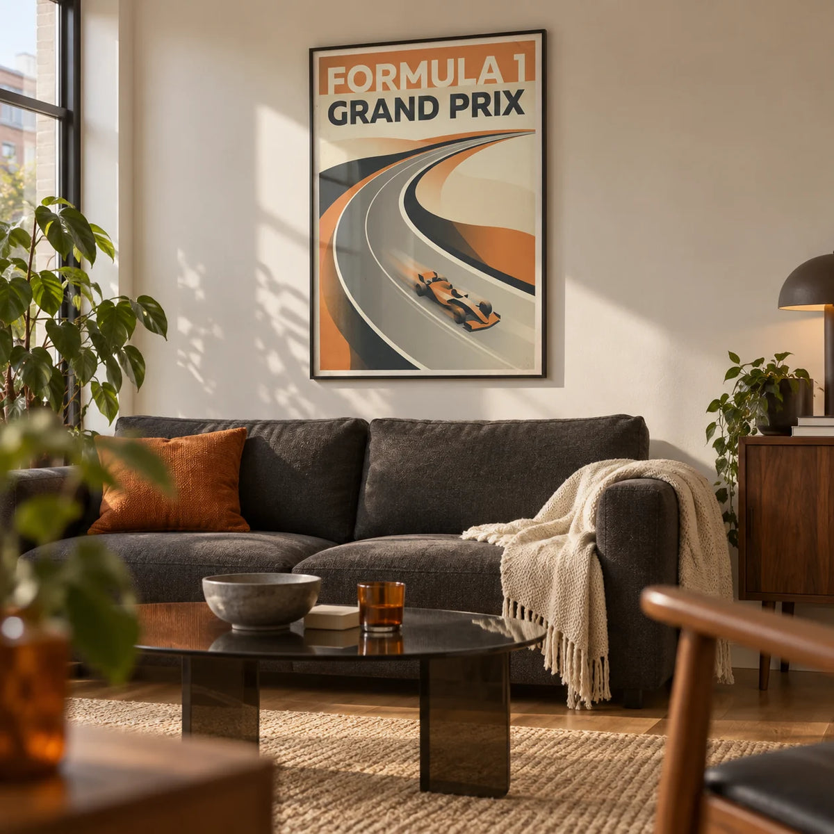 Grand Prix Art Print, framed on the wall of a retro modern living room in a UK first flat (22-28)