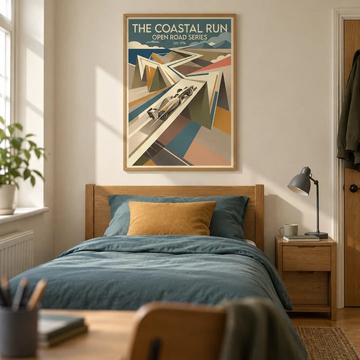 Grand Prix Race Poster, framed on the wall of a tidy teenage motorsport fan's single bedroom (13-17) in a UK terraced house with a warm cream wall and oak floor