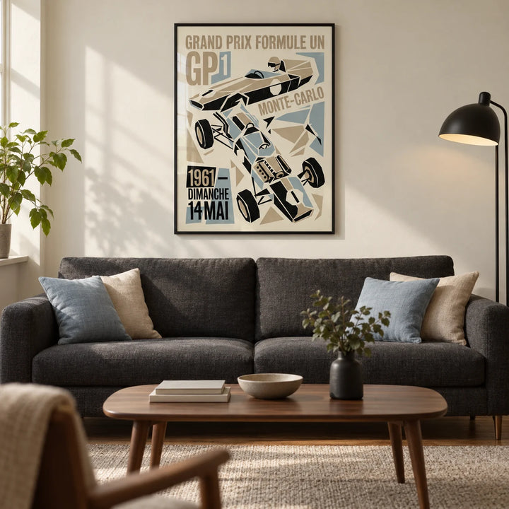 Grand Prix Typography Art Print, framed on the wall of a design-led living room in a UK city flat with warm cream walls and walnut flooring