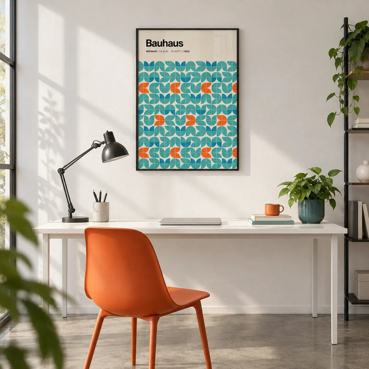 Graphic Wall Art, framed on the wall of a crisp design studio with white walls and a polished concrete floor in a home office