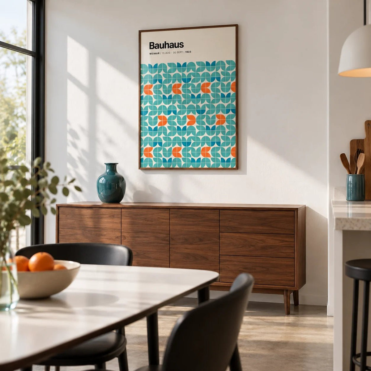 Graphic Wall Art, framed on the wall of a modern kitchen-diner with plain white walls