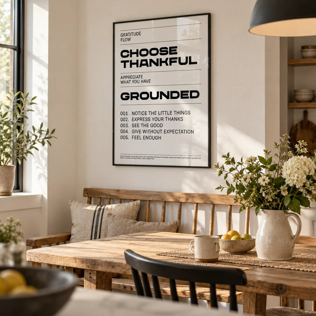 Gratitude Wall Art, framed on the wall of a bright kitchen-diner