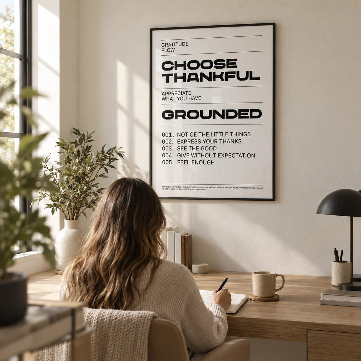 Gratitude Wall Art, framed on the wall of a calm home office