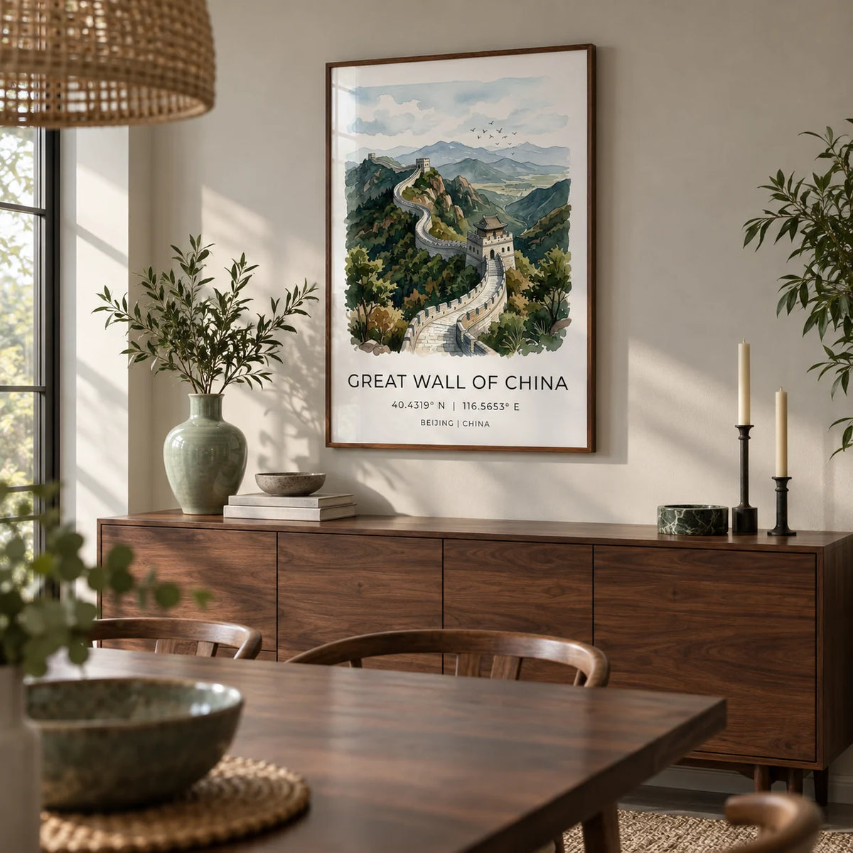 Great Wall Of China Art Print, framed on the wall of a calm dining room