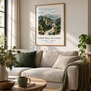 Great Wall Of China Art Print, framed on the wall of a calm living room