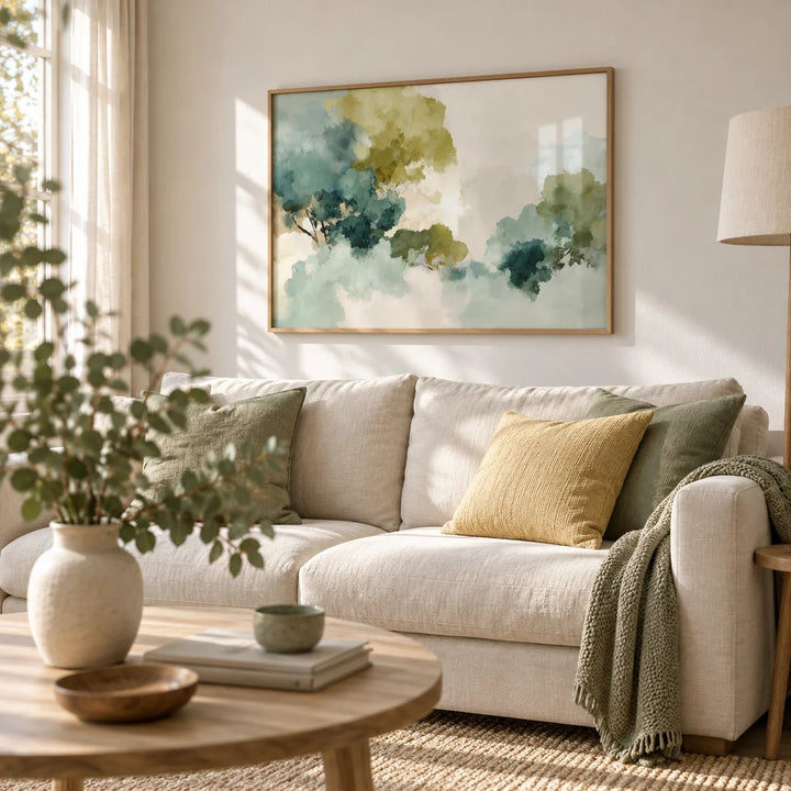 Green Abstract Art, framed on the wall of a calm Scandinavian living room