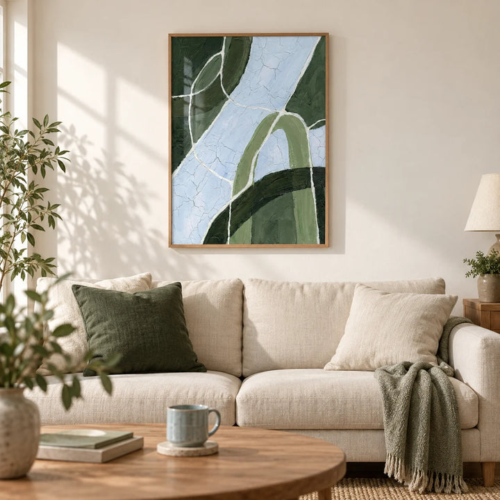 Green And Blue Art, framed on the wall of a calm living room with a warm white wall