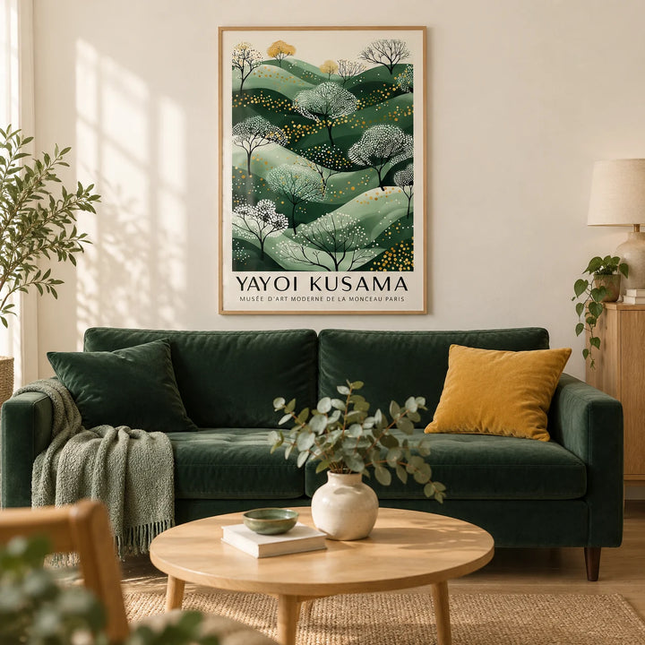 Green and Gold Wall Art, framed on the wall of a calm living room with a soft cream wall and a light oak floor