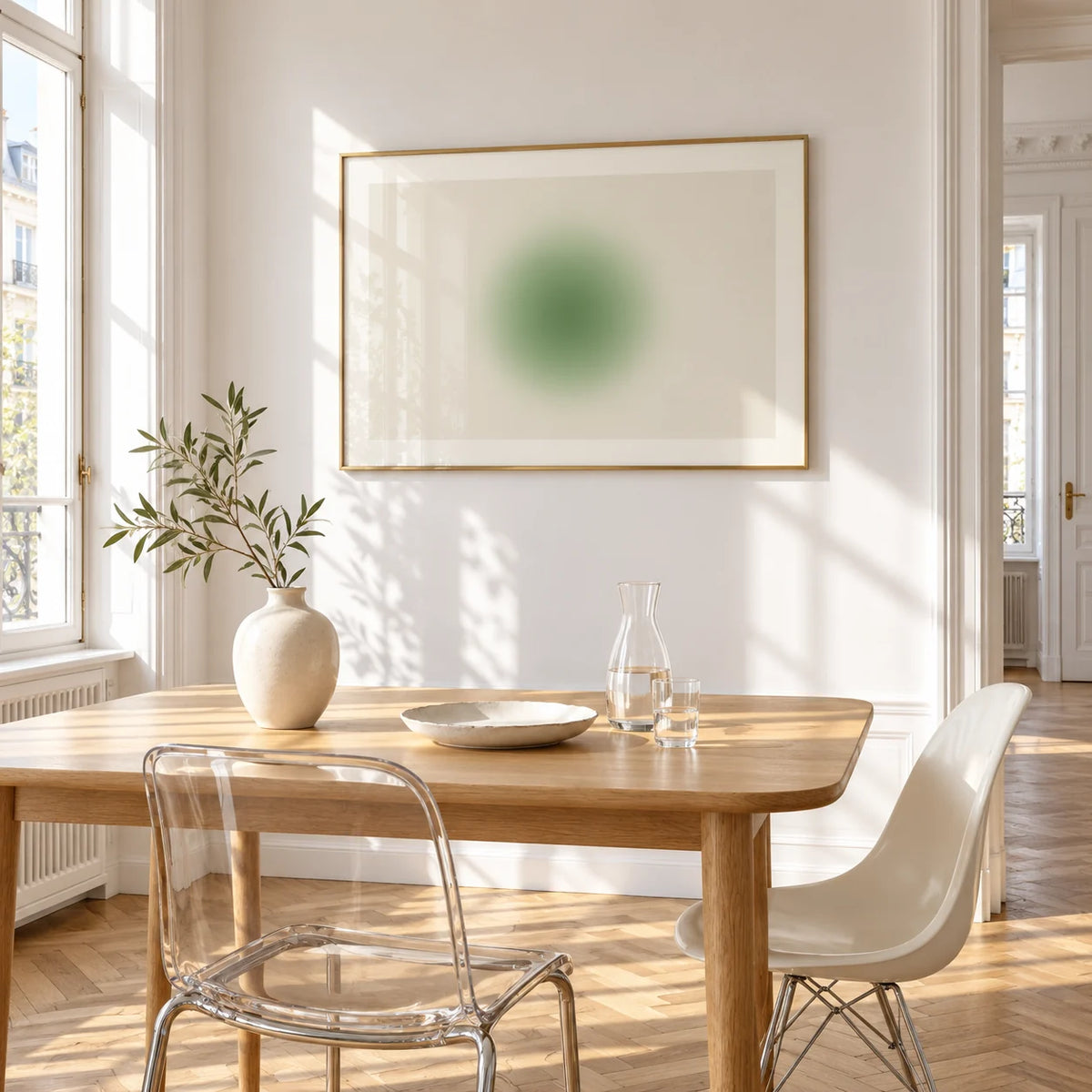 Green Aura Poster, framed on the wall of a bright dining corner