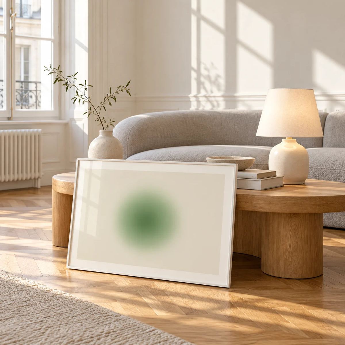 Green Aura Poster, framed and leaning against a coffee table in a bright living room