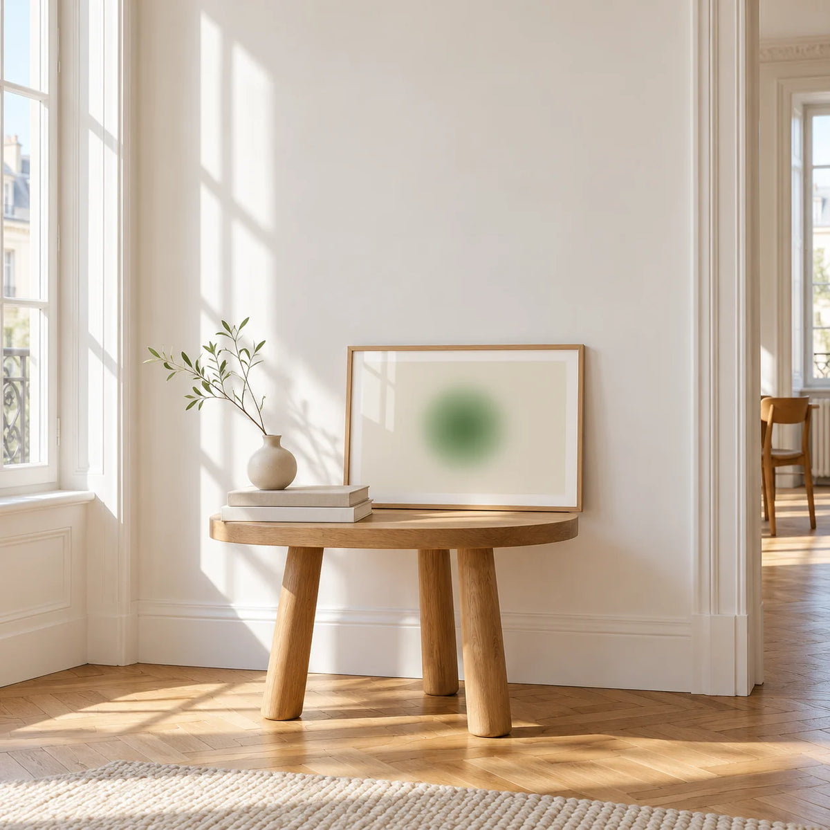 Green Aura Poster, a small A4 framed print leaning on a small solid oak side table
