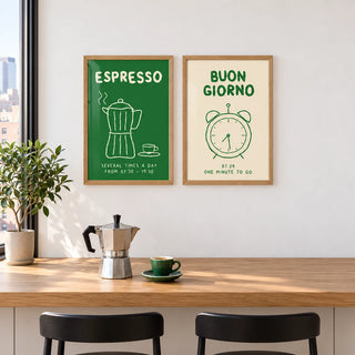 Green Kitchen Prints Set of 2 styled above an apartment breakfast counter: Espresso Hours and Morning Bells shown framed side by side (frames not included)