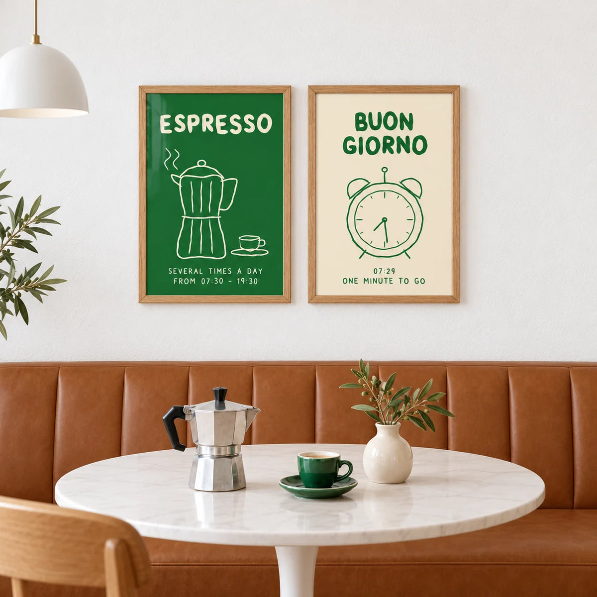 Green Kitchen Prints Set of 2 styled above a breakfast banquette: Espresso Hours and Morning Bells shown framed side by side (frames not included)