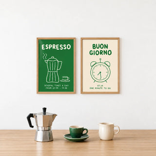 Green Kitchen Prints Set of 2 hung at eye level in a calm oak kitchen: Espresso Hours and Morning Bells shown framed side by side (frames not included)