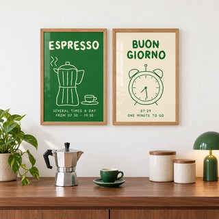 Green Kitchen Prints Set of 2 styled above a walnut pantry counter: Espresso Hours and Morning Bells shown framed side by side (frames not included)