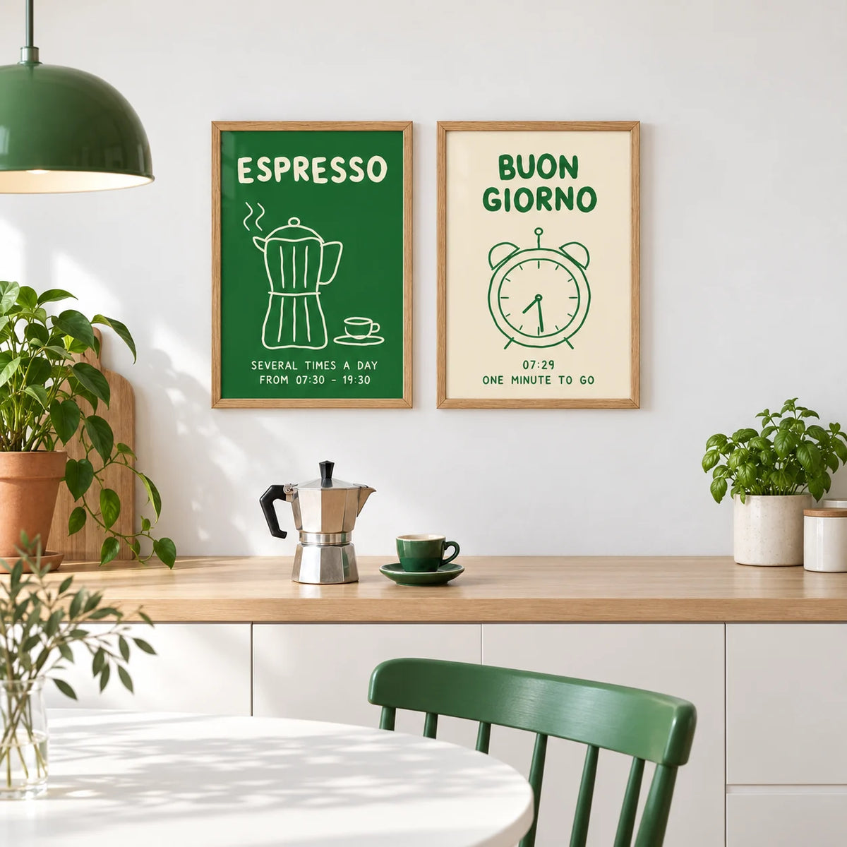 Green Kitchen Prints Set of 2 styled above a white kitchen coffee station: Espresso Hours and Morning Bells shown framed side by side (frames not included)