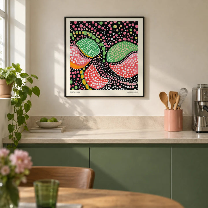 Green Pink Art, framed on the wall of a modern kitchen in a UK first flat with flat-front green cabinets