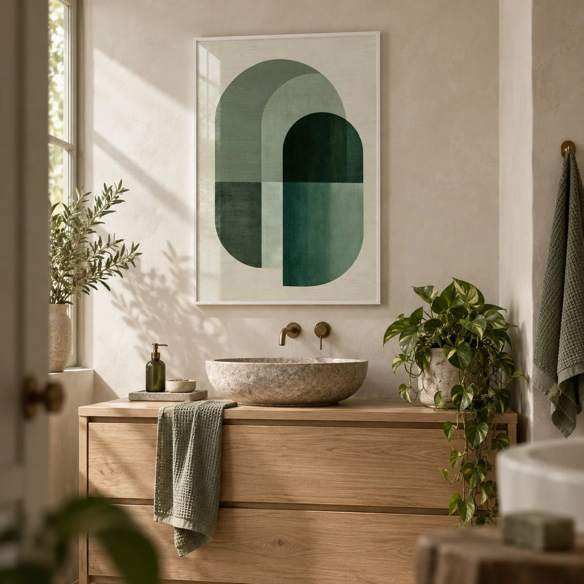 Green Tone Poster Print, framed on the wall of a calm bathroom
