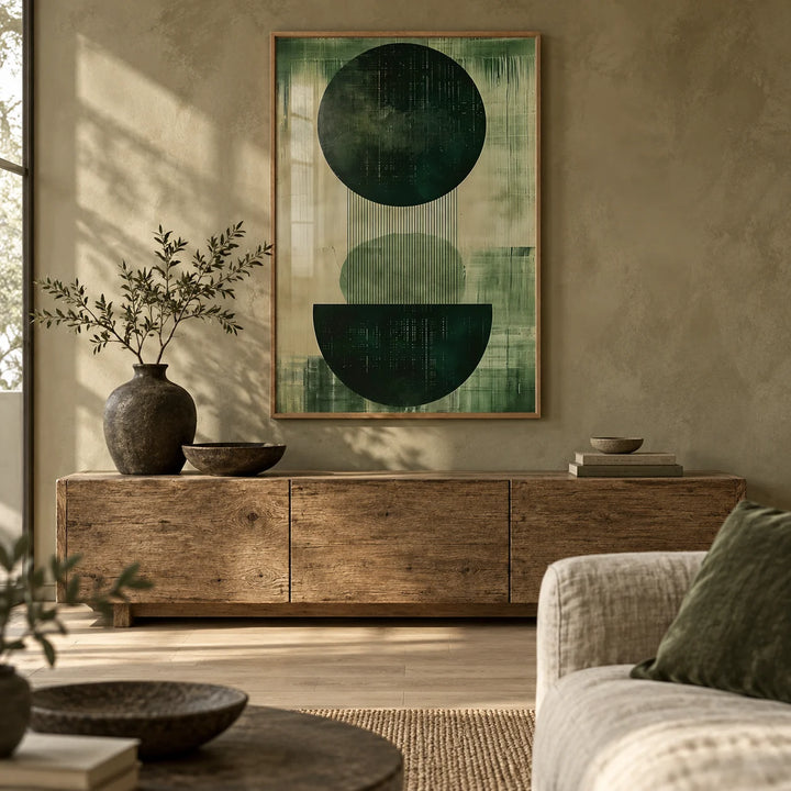 Green Wabi Sabi Print, framed on the wall of a calm wabi-sabi living room with a khaki limewashed wall and a pale oak floor