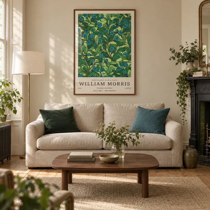 Green Wall Art for Living Room, framed on the wall of a characterful living room in a Victorian terrace with warm pale beige walls
