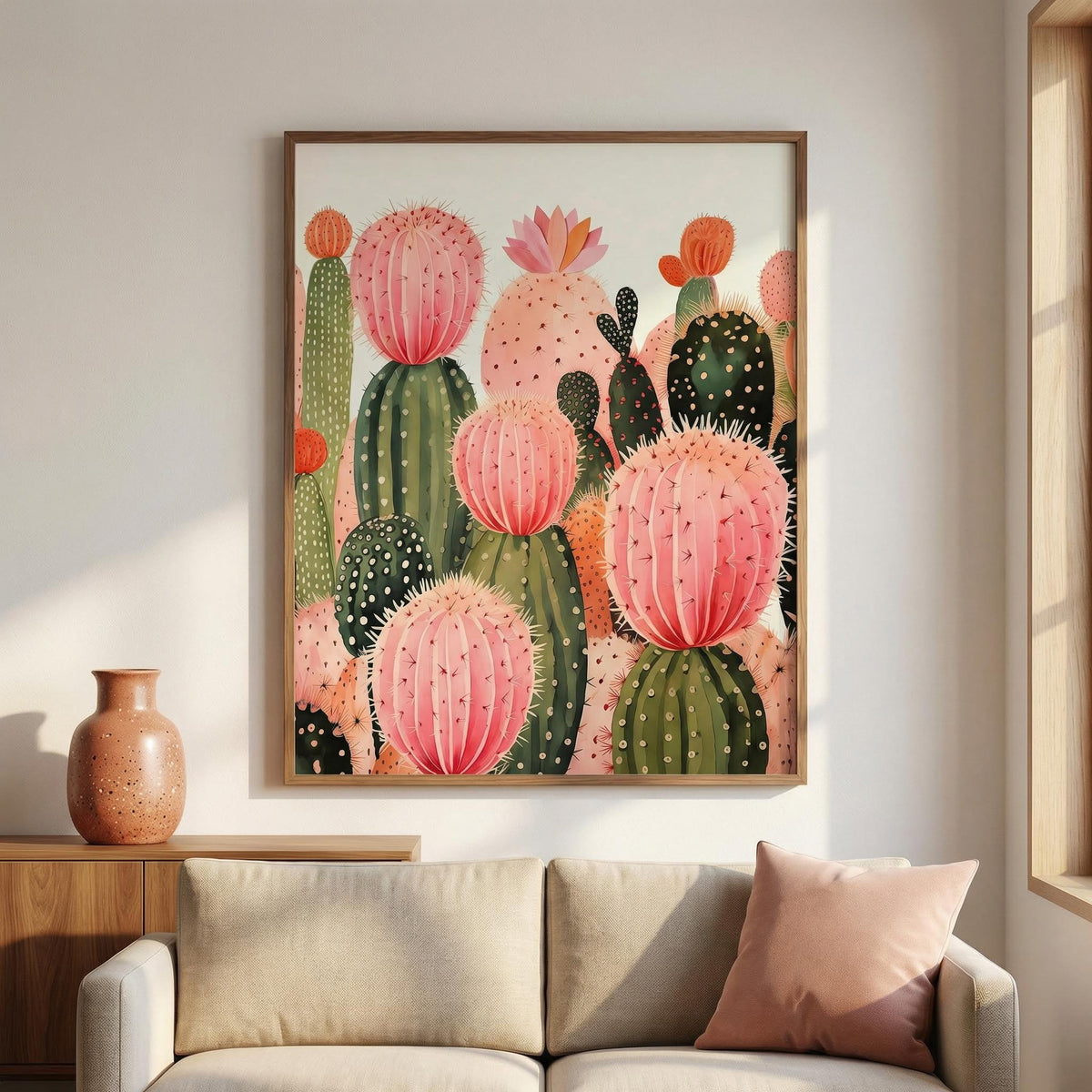 Pink Cactus Print hanging above a beige sofa with a pink cushion next to a ceramic vase