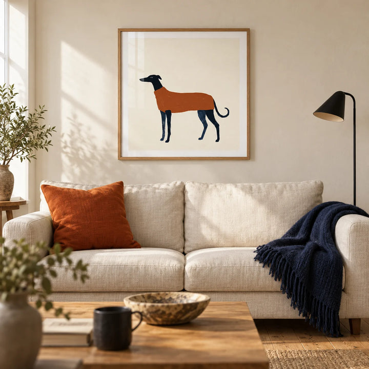 Greyhound Art Print, framed on the wall of a warm modern living room in a UK terraced house with cream plaster walls and oak floorboards