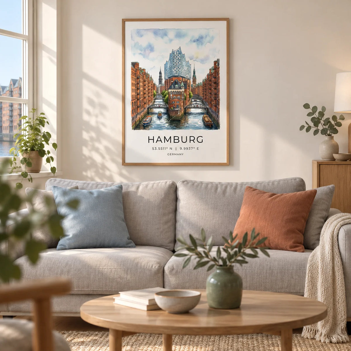 Hamburg Cityscape Art Print, framed on the wall of a calm living room in a UK canalside flat with a warm white wall and oak floor