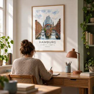 Hamburg Cityscape Art Print, framed on the wall of a quiet home study in a UK city flat with a soft white wall and a muted green painted alcove