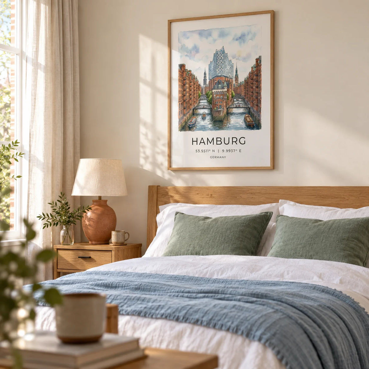 Hamburg Cityscape Art Print, framed on the wall of a restful bedroom for a travel-loving couple in a UK home with a warm white wall