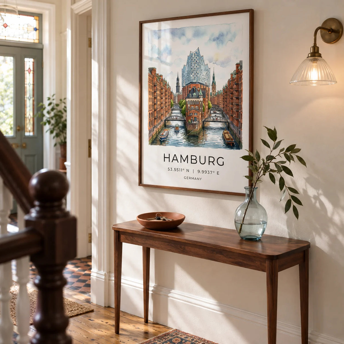 Hamburg Cityscape Art Print, framed on the wall of a welcoming hallway in a Victorian terrace with a chalk white wall and restored timber floor